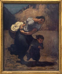 La tempesta (la lavandaia). Una donna che tiene un cesto con un bambino, probabilmente per proteggersi dalla pioggia. Opera di Honore Daumier (1808-1879), olio su cartone