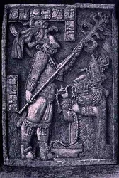 Architrave di Pietra Scolpita dal Tempio 23, Yaxchilan, 726 d.C., che mostra il sovrano Scudo Giaguaro e sua moglie, Lady Xoc, che conducono un rituale di autosacrificio, da Le Antiche Città del Nuovo Mondo, di Claude-Joseph-Desire Charnay