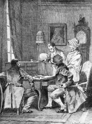 Illustrazione di Edouard Toudouze per Il contratto di matrimonio, romanzo di Honore de Balzac dalla collezione in più volumi intitolata Commedia Umana, pubblicato nel 1902, Parigi