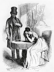 Donna in disperazione sotto lo sguardo di un uomo, illustrazione da 