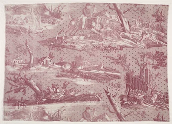 Frammento di cotone stampato a lastra con disegno di scena di caccia, c. 1815