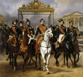 Luigi Filippo e i suoi figli a cavallo durante la partenza da Versailles, 10 giugno 1837
