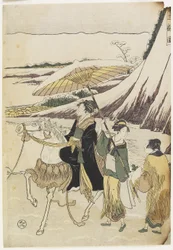 Tre donne che viaggiano attraverso un burrone, 1794-96 (stampa a blocchi di legno a colori)