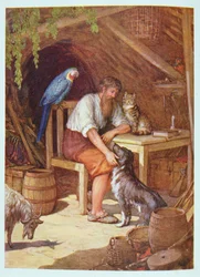 Robinson Crusoe nella sua capanna, illustrazione da “Robinson Crusoe” di Daniel Defoe (1660-1731)