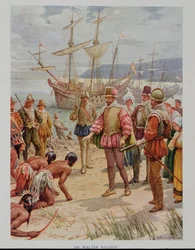 Sir Walter Raleigh che sbarca in Virginia