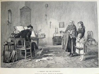 Due donne irlandesi portano un regalo a un religioso. Incisione di H. Werdmuller dopo il dipinto di H. Helmick nel XIX secolo.