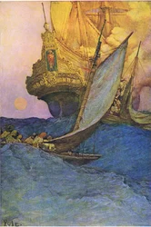 Un attacco a un galeone, da Howard Pyles Book of Pirates pubblicato da Harper & Bros, 1921