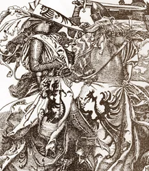 Leggenda Arturiana: Kay (Keu), cavaliere della tavola rotonda, rompe la sua spada in un torneo (Sir Kay, cavaliere della tavola rotonda, rompe la sua spada in un torneo) Illustrazione di Howard Pyle (1853-1911) da 