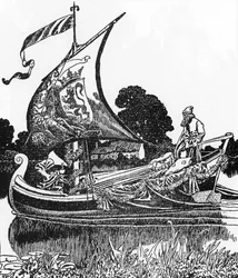 Leggenda Arturiana: La barca dei morti porta il corpo del re Artù Illustrazione di Howard Pyle (1853-1911) da 