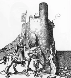 Leggenda Arturiana: Tristano arriva al castello di Nabon, illustrazione di Howard Pyle da 