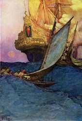 Attacco a un galeone da parte di pirati. "Libro dei pirati Bucanieri e Marooners del Main spagnolo" di Howard Pyle