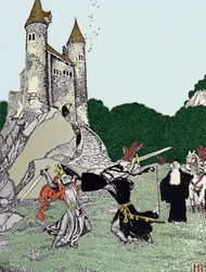 Battaglia tra Re Artù e il cavaliere nero alla presenza di Merlino l