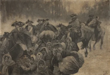Cinque soldati in uniforme rossa a cavallo, con un altro incappucciato fino agli occhi... intorno a questi, un gruppo variegato di poveri, giovani e vecchi