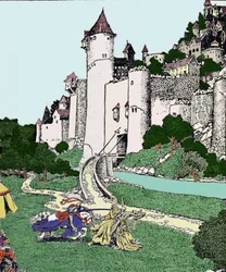 Re Artù e il Cavaliere Nero combattono nel cortile di Camelot. Illustrazione di Howard Pyle (1853-1911), illustratore americano.