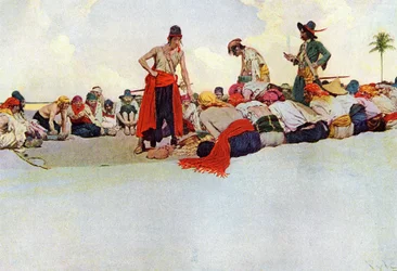 Divisione del tesoro tra i pirati riuniti in cerchio. Illustrazione da 