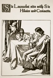 Sir Launcelot siede con Sir Hilaire e Croisette, illustrazione da 