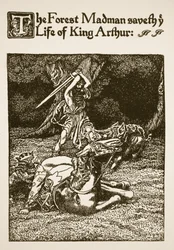 Il folle della foresta salva la vita di Re Artù, illustrazione da "La storia di Sir Launcelot e dei suoi compagni".
