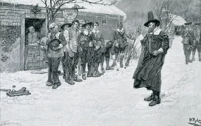 Il governatore puritano interrompe i giochi di Natale, inciso da J. Bernstrom, illustrazione da 