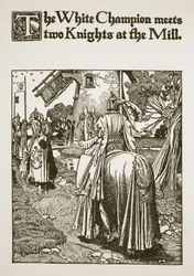 Il campione bianco incontra due cavalieri al mulino, illustrazione da 