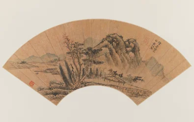 Paesaggio dipinto su un ventaglio (inchiostro e colore su carta dorata)