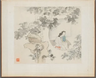 Album di dipinti paesaggistici che illustrano vecchie poesie: Due donne sedute a un tavolo...