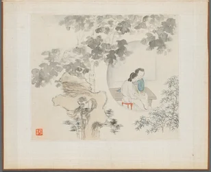 Album di Dipinti di Paesaggi che Illustrano Vecchie Poesie: Due Donne Siedono a un Tavolo all