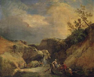 Paesaggio roccioso e boscoso con viaggiatori che conversano vicino a una cascata
