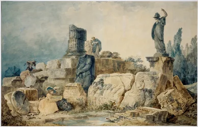 Due giovani donne disegnano le rovine di Roma, tre figure in abiti antichi le osservano dall