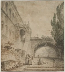 Un palazzo con un ponte ad arco (Una villa romana)