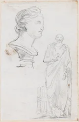 Busto di una donna romana e statua di un uomo romano