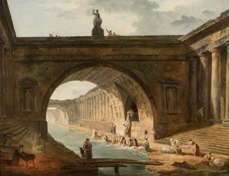 Capriccio con lavandaie presso un canale