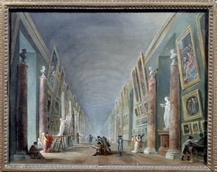 La grande galleria del Louvre tra il 1801 e il 1805. Dipinto di Hubert Robert (1733-1808), 0,37 x 0,46, Museo del Louvre, Parigi