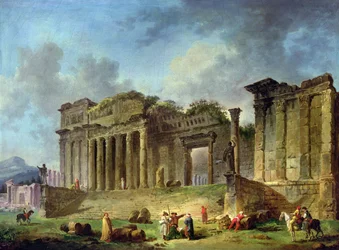 Uomo che disegna le rovine di un tempio classico