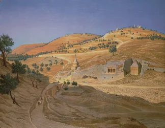 Paesaggio collinare con arabi e un tempio in rovina