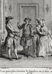 Non posso più sopportare i tormenti qui dove sono, illustrazione per Eugenie di Beaumarchais, incisa da Louis Joseph Masquelier (1741-1811)