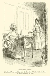 Vieni qui, Bambina, Madame Duval lo dice a Evelina che "aveva in mente di fare qualcosa di" lei (incisione)