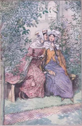 Consultiamoci insieme contro questo cavaliere grasso (illustrazione da Le allegre comari di Windsor, 1910)