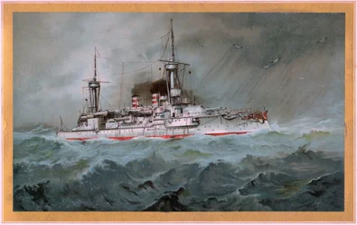 S.M.S. Linienschiff Brandenburg (stemma aquila rossa su scudo bianco, S.M.S. Wörth = aquila imperiale nera su scudo dorato)
