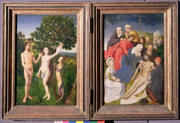 Dittico: La caduta (Adamo ed Eva, serpente e mela) e Deposizione di Gesù (dopo il 1479)