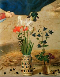 Vaso con gigli e iris bianchi, rossi e blu (tempera su legno)