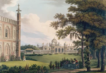 Brighton Pavilion con giardini, inciso da Joseph Constantine Stadler