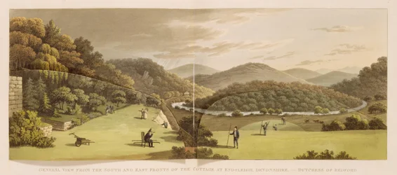 Veduta generale delle facciate sud ed est del cottage di Endsleigh, Devon (prima), da Fragments on the Theory and Practice of Landscape Gardening, pubblicato nel 1816