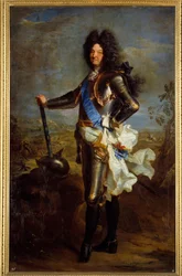 Ritratto a figura intera di Luigi XIV in armatura. Dipinto di Hyacinthe Rigaud