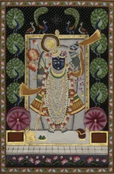 Il signore Krishna con pavoni