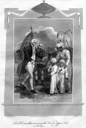 Lord Cornwallis 1738-1805 riceve i figli di Tippoo Saib come ostaggi, 1816