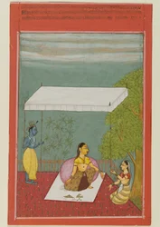 Nayika aspetta il suo amante, pagina da una serie che illustra il Rasikapriya di Keshavadasa, 1692