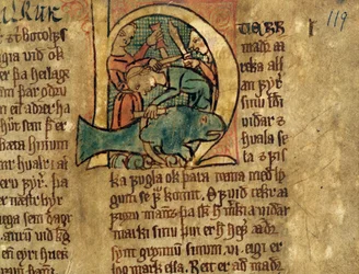 Iniziale istoriata H da un articolo riguardante la divisione delle balene spiaggiate, copia di una collezione di leggi originale del XIV secolo Jonsbok