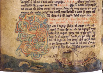 Iniziale istoriate S, da una copia della collezione di leggi originale del XIII secolo Jonsbok
