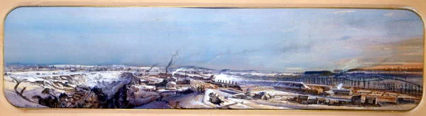 Paesaggio industriale nel campo di carbone di Blanzy sotto la neve, Saone-et-Loire