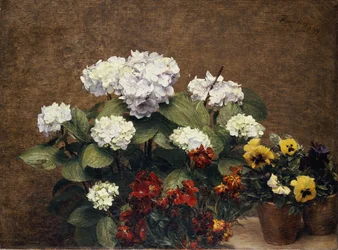 Ortensie e scorte con due vasi di viole del pensiero, 1879